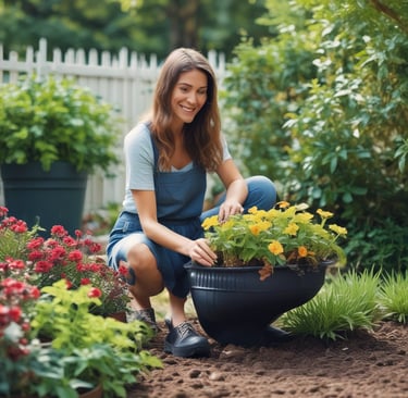 woman caring for flowers in a pot in garden