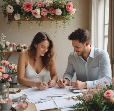 couple planning summer wedding decor
