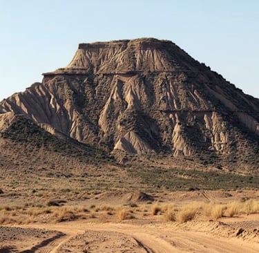 Paisaje semidesértico de las Bardenas Reales en Navarra, mostrando un cabezo o montaña de arcilla