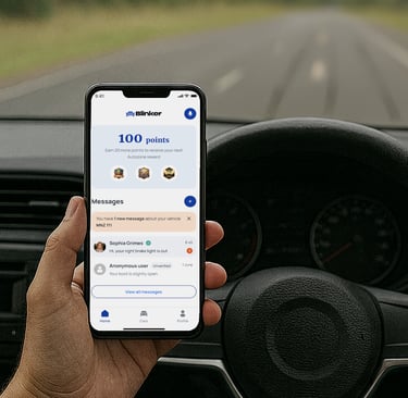 Person holding a phone while sitting in their car. Blinker app is on the screen.