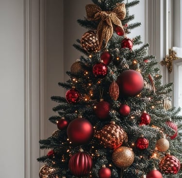 a christmas tree with red ornaments and presents