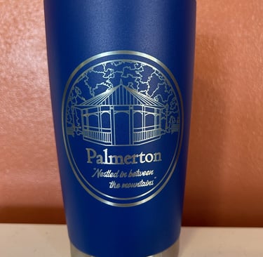 laser engraved drink tumbler engraved with town logo