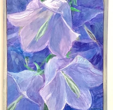 Closeup of three Bluebell flowers lit by the sun
