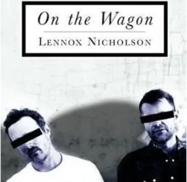 Book cover featuring a black & white image of two men in front of a wall, their faces masked by horizontal black stripes
