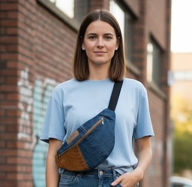 Femme portant un T-shirt bleu clair, un jean et un sac banane bicolore en denim et daim marron.