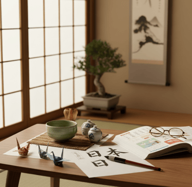 Japanisch lernen online – Kalligrafie, Origami, Matcha-Tee und Bonsai in einem traditionellen japanischen Zimmer