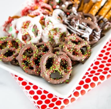 plate of chocolate covered pretzels