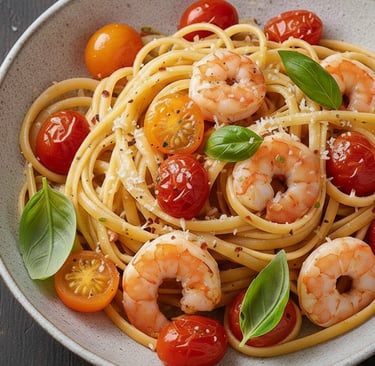 linguine con pomodorini, gamberetti e basilico