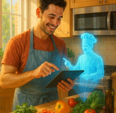 Persona usando aplicación de IA culinaria en tablet con asistente virtual holográfico en una cocina moderna.