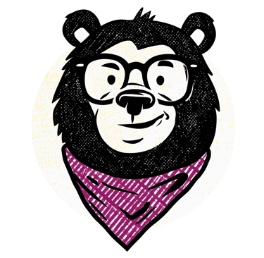 Illustration of a bear with a friendly smirk, wearing glasses and a bandana around his neck.