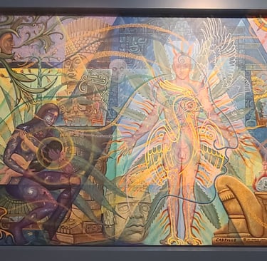 Large, abstract, and vibrant painted mural by Mario. E Castillo featuring indigenous imagery