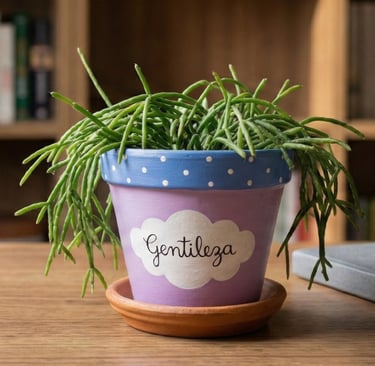 um vaso com uma planta sobre uma mesa