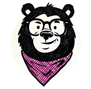 Illustration of a bear with a friendly smirk, wearing glasses and a bandana around his neck.
