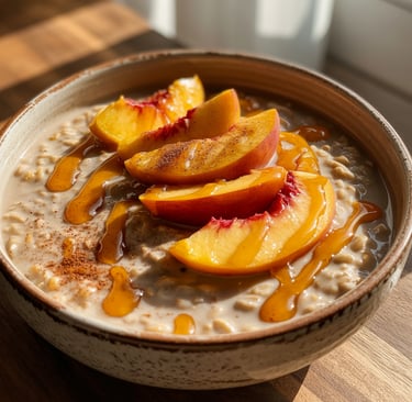 A bowl of Peach Chai Glow Overnight Oats topped with fresh peach slices, a drizzle of golden honey