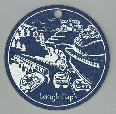 laser engraved acrylic ornament with a vignette of Lehigh Gap