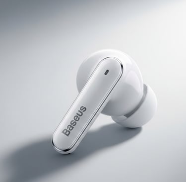 um par de fones de ouvido com um fone de ouvido branco