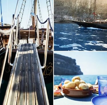 collage-mondragon, subida popa, proa navegando, comida a bordo 