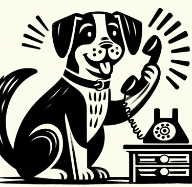 drawing of a dog sitting on a table with a phone in front of him