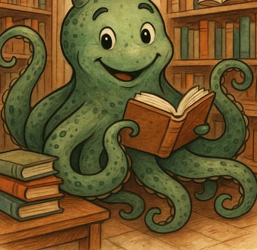 a cartoon octopus with a book in his hands