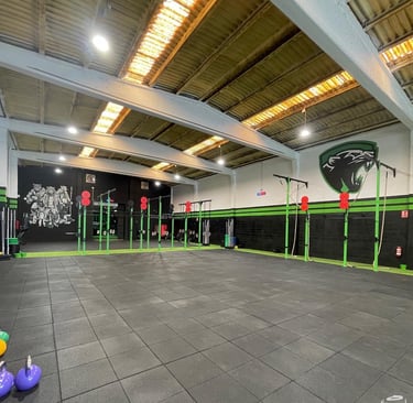 Nave industrial transformada en un gimnasio crossfit con su logotipo pintado 