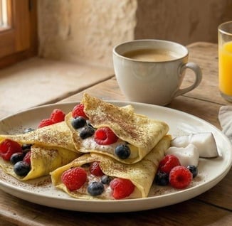 Crepes leggere al cocco ripiene di frutta e yogurt.