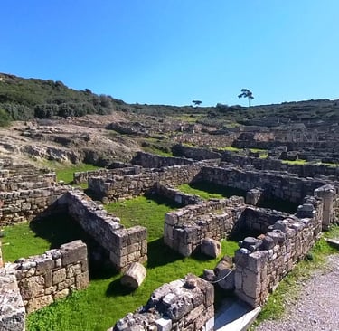 Ancient stone ruins of the city of Kamiros on Rhodes island with green grass under a clear blue sky.