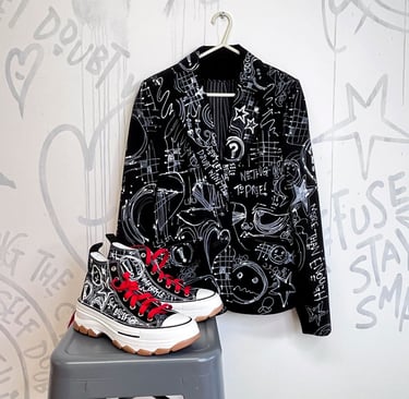 Tara Roskell Artist's customised jacket, boots and graffiti wall