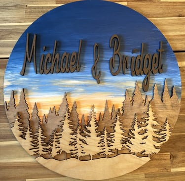 laser cut and painted personalized wooden forest wall or door hanger