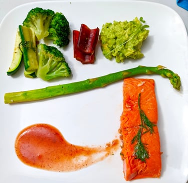 Sous Vide Wild Salmon with Spiced Steamed Vegetables & Avocado Relish. Gluten-free grain-free meal