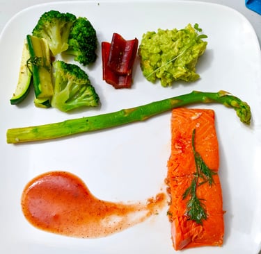 Sous Vide Wild Salmon with Spiced Steamed Vegetables & Avocado Relish. Gluten-free grain-free meal