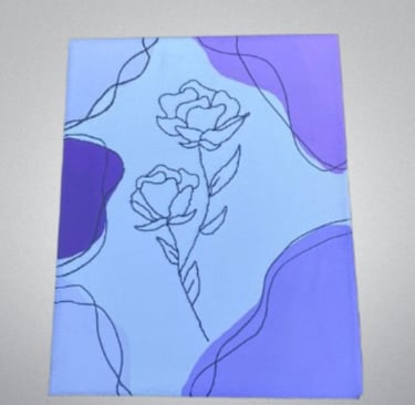 Blue canvas with purple accents and line-drawn roses.