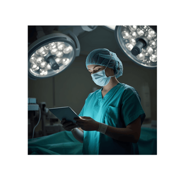 a surgeon in a surgical gown is holding a tablet