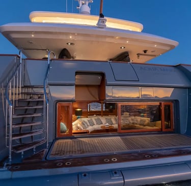 Interior of a luxury expedition yacht in the Galápagos Islands