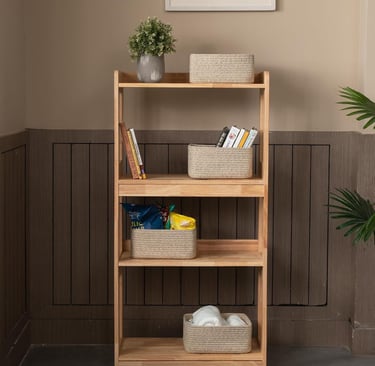 a shelf with woven baskets on it