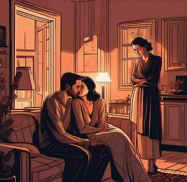 A couple sits on a couch, with the man showing signs of infidelity, suggesting a strained relationship.