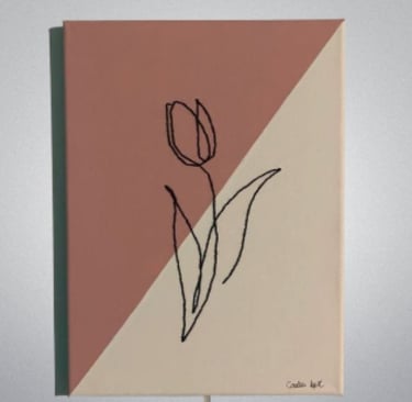 Modern abstract tulip line art on dual-tone canvas.