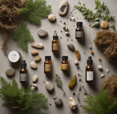 A serene flat lay of natural skincare products on a soft beige linen cloth, surrounded by dried eucalyptus and a warm candle.