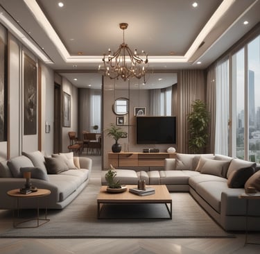 A modern furniture showroom with several sofas and beds displayed. The interior is illuminated with ceiling lights and features white brick columns. A person is seen sitting on a chair in the background.