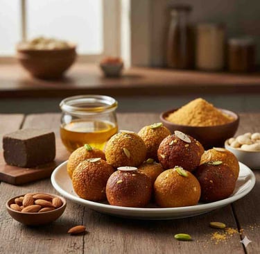 Close-up of traditional Indian laddus made with Desi Ghee and natural Jaggery, placed appealingly to represent the five key h
