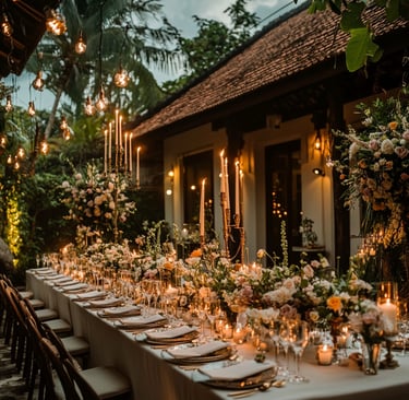 a long table with candles and candles on it