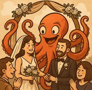 a cartoon style wedding ceremony with a octopus - like creature
