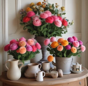 multi colored felt flowers on display in home