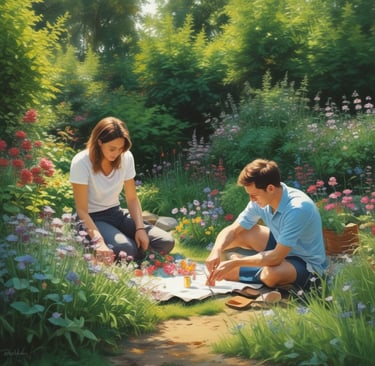 man and woman in garden sat down making flower paintings