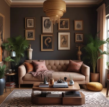 A sunlit nook filled with layered rugs, woven baskets, and lush green plants surrounding a plush, patterned armchair.