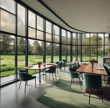 Elegant restaurant dining room with floor-to-ceiling windows overlooking a lush green golf course.