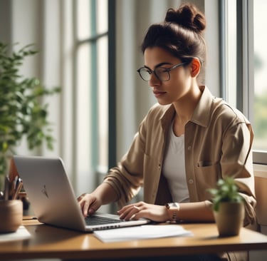 a woman sitting at a desk with a laptop