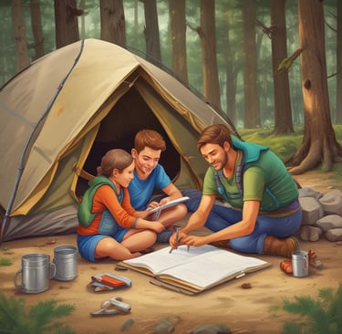 family camping outdoors writing in notebook