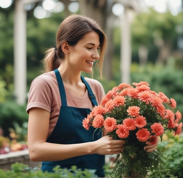 woman holding a bunch of peach flowers