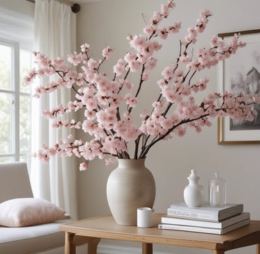 beautiful artificial cherry blossoms on table near books
