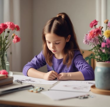 young girl looking at her flower artwork
